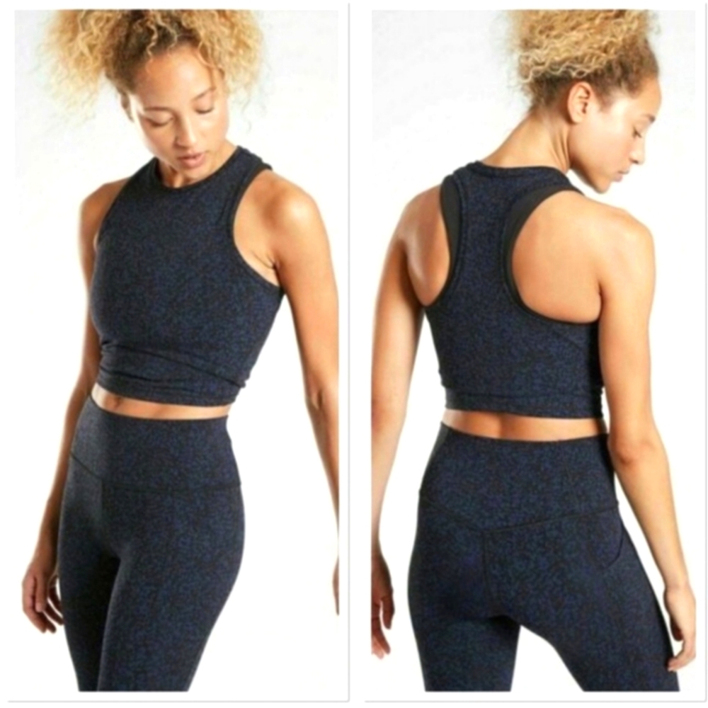 EUC Athleta Shanti Crop Jacquard Yoga Top Navy Blue Animal Print - Picture 1 of 4
